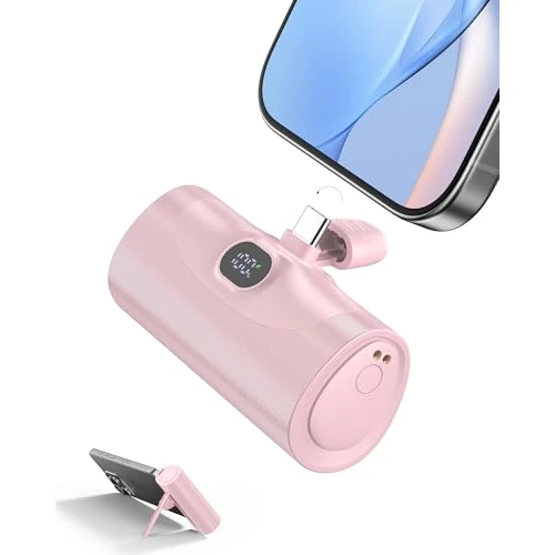 Batterie Externe USB C 5000mah, 20w Power Bank Mini, Powerbank avec éCran LED, iphone 16/15 Series Batterie Externe Charge Rapide, Chargeur Portable Compatible Samsung, USB C Phones Etc (Rose Bonbon)