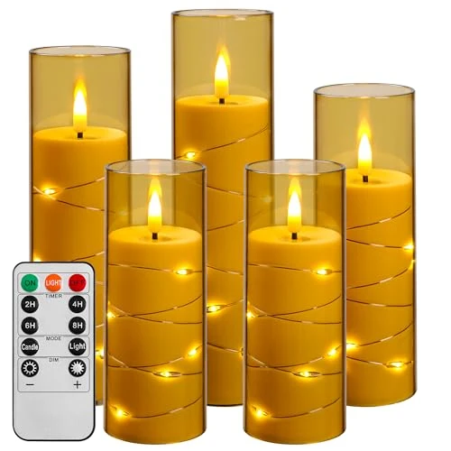 Offerta a tempo: Da by Candele LED con luce a corda, candela alimentata a batteria con telecomando e timer 24 ore, candela lucida senza fiamma per la decorazione domestica (Dorato, set di 5) - 26% da 32.99 € a 24.41 €