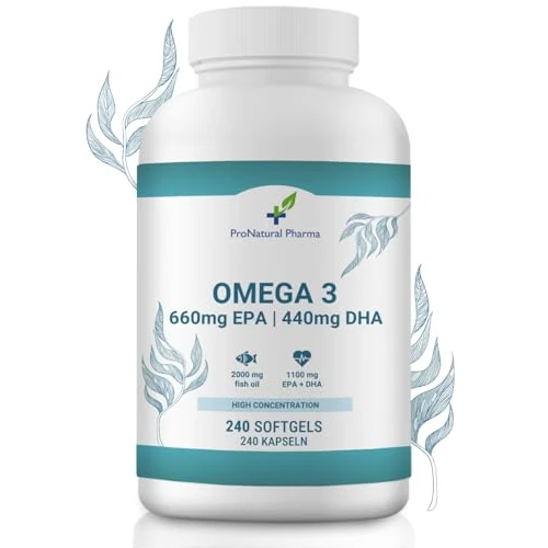 Offre limitee: Oméga 3 2000 mg | 240 Gélules | Concentration élevée de 660 mg d'EPA et 440 mg de DHA. Huile de poisson pour le cholestérol, la santé du cœur, du cerveau et la tension artérielle | 4 mois | ProNatural de 21.97 EUR a 11.97 EUR (economie 46%)