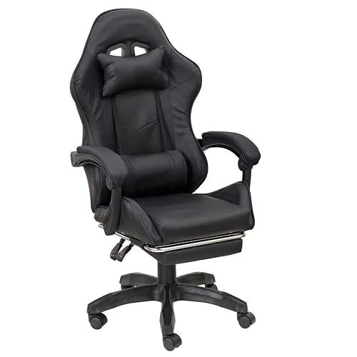 Baroni Home Fotel gamingowy z ergonomicznym oparciem, odchylany i z regulacją wysokości, krzesło biurowe z podparciem okolic lędźwiowych, wyściełanym zagłówkiem i wysuwanym podnóżkiem, kolor czarny