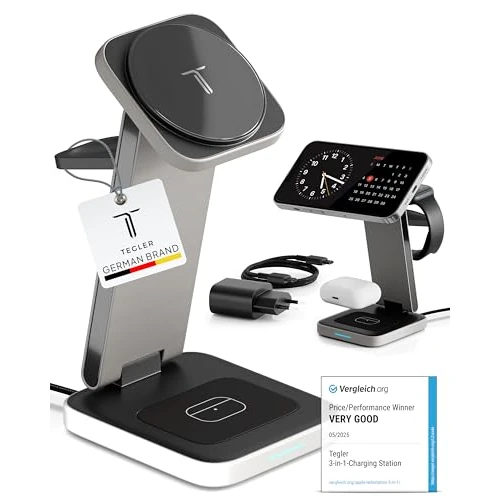 Limited-time offer: TEGLER MagSafe Charger in Aluminum – 3 in 1 Charging Station for Apple, Foldable Magnetic Stand with 20W Adapter Included for iPhone, Apple Watch and AirPods (Black) from 43.99 GBP to 43.99 GBP (save 0%)