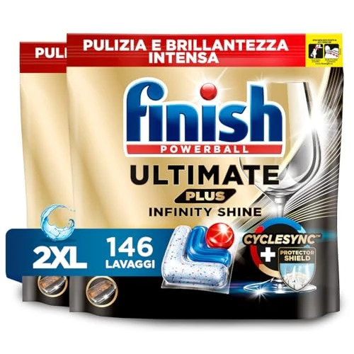 Finish Ultimate PLUS Infinity Shine Capsule Lavastoviglie, 146 Capsule, Detergenti per Lavastoviglie contro lo Sporco e i Residui Incrostati (Confezione da 2)
