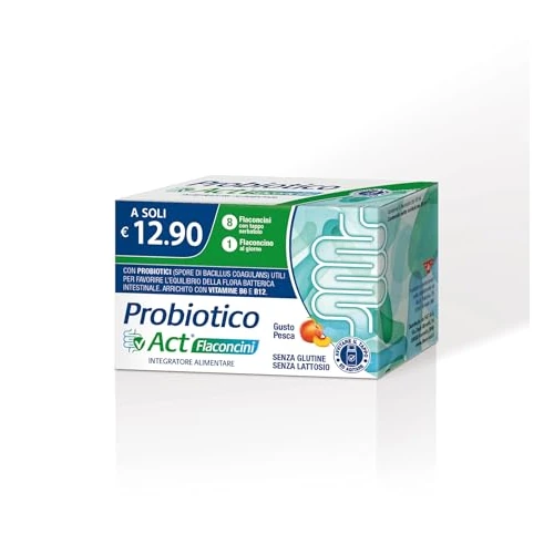 Offerta a tempo: Probiotico ACT Flaconcini, Integratore Alimentare con Probiotici e Vitamine B, per l’Equilibrio della Flora Batterica Intestinale, Gusto Pesca, Senza Glutine e Lattosio - 1 Confezione da 8 Flaconcini — 42% da 12,90 € a 7,49 €
