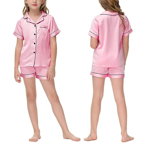 ACWOO Conjunto de Pijama de Satén para Niña con Botones, Manga Corta, Ropa de Hogar Primavera-Verano, Dos Piezas Seda, Rosa (16 Yardas)