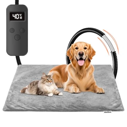 Asstikoo Tapis Chauffant Chats Chiens 70 * 45cm Coussin Chauffant électrique pour Animaux 12 Contrôle Temps& 6 Réglages Température 30-55℃,Couverture Chauffante pour Chien Anti-Mordant Imperméable