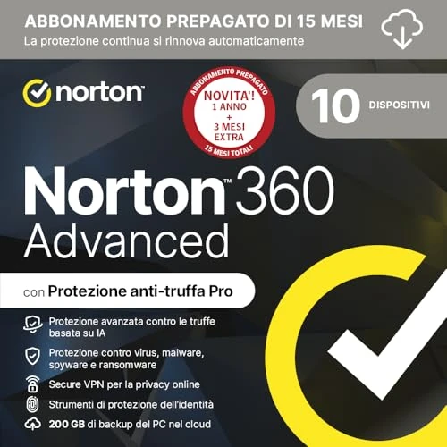 Norton 360 Advanced 2026 | Antivirus per 10 dispositivi | 200 Gb di backup | Licenza di 15 mesi con rinnovo automatico | PC, Mac, tablet e smartphone | Codice d'attivazione via email