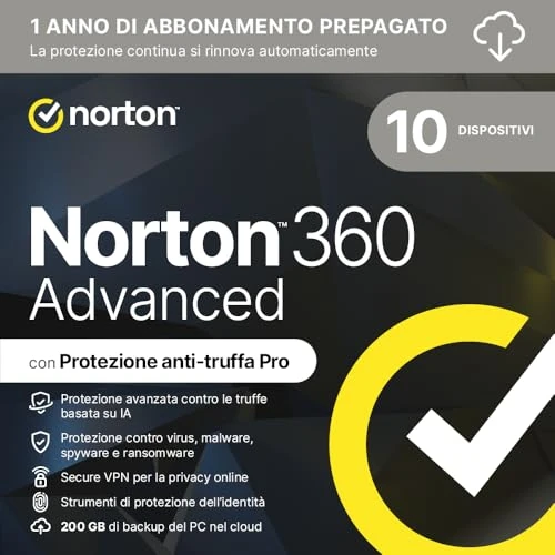 Norton 360 Advanced 2026 | Antivirus per 10 dispositivi | 200 Gb di backup | Licenza di 1 anno con rinnovo automatico | PC, Mac, tablet e smartphone | Codice d'attivazione via email