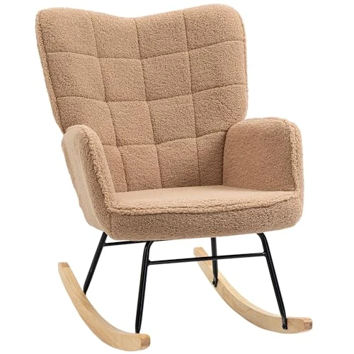 HOMCOM Padded Indoor Rocking Chair, Berber Fleece Relax Rocking Chair with Armrests, Steel Frame and Beech Wood Legs for Living Room and Bedroom, Brown
