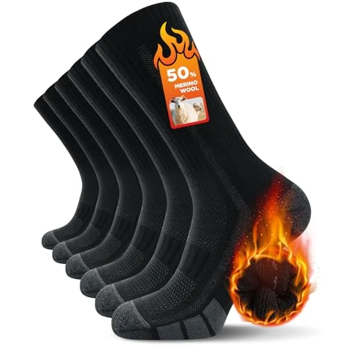 TANSTC Chaussettes Homme Femme 43-46 Chaussette Antidérapante Respirant de Randonnée en Laine Mérinos, Chaussettes Hautes Sports Homme Femme, 3 Paires Noir