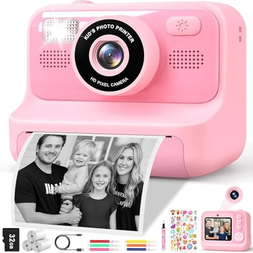 Gontence Kinderkamera Sofortbildkamera, 2,4-Zoll Selfie Kamera mit 32GB Karte | 3 Rollen Fotopapier, 1080P Kinder Kamera, Spielzeug Geschenke mädchen Junge Digital Schwarz(Rosa)