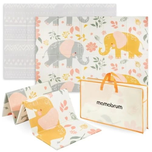 Mamabrum Tappeto Gioco Bambini Pieghevole 180x120x1cm - Tappetino Reversibile in Schiuma XPE per Neonati, Motivo Elefanti/Grigio - Antiscivolo, Antibatterico, Impermeabile con Borsa Trasporto