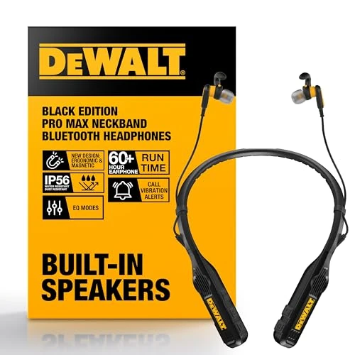 Offerta a tempo: DEWALT Cuffie Bluetooth Neckband 2-in-1 Heavy Duty, Auricolari Wireless con Altoparlanti Integrati, 60+ Ore Autonomia Microfono HD, IP56 Impermeabili, Ideali per Cantiere, Officina e Outdoor Nero - 10% da 124.99 € a 112.49 €