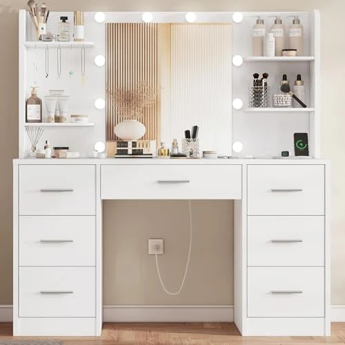 TEENFON Dressing Table with Lights, Dressing Table with Mirror and Socket, Dressing Table with 7 Drawers, 6 Shelves and 5 Hooks, Modern, White