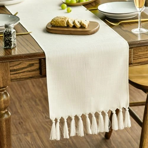 Artoid Mode Beige Boho Rural Rustic Farmhouse Tassel Table Runner, 33x143 cm Spring Kitchen Dining Table Decoration Wedding Holiday Party Decor
