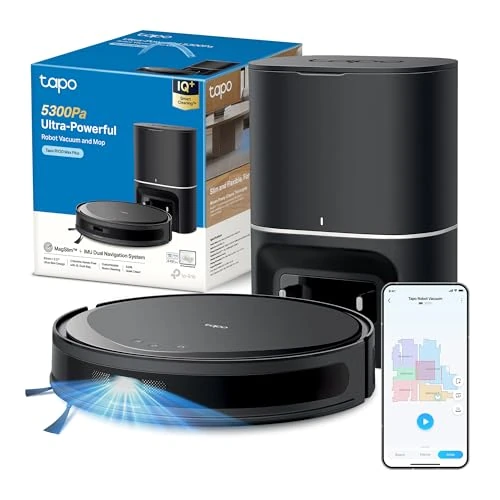 Tapo RV20 MAX Plus – Robot Aspirador y friegasuelos 4 en 1, succión de 5300 Pa, Vaciado automático de 3 L, navegación LiDAR+IMU, Limpieza Inteligente IQ+, Limpieza Personalizable, Control aplicación