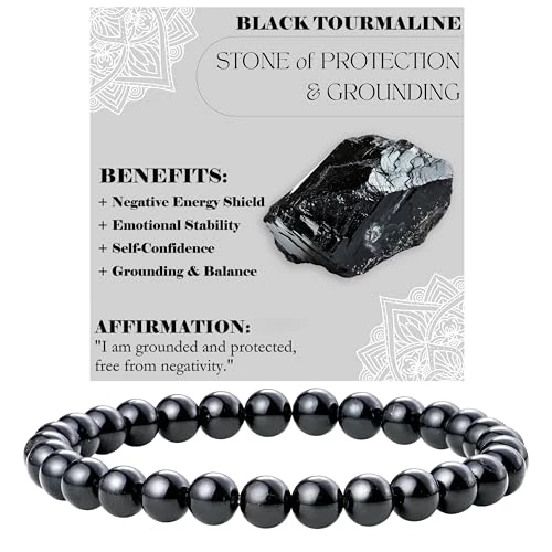 Bivei Black Tourmaline - Protection & Grounding - Crystal Bracelet for Women 6mm Beaded Semi Precious Natural Stone Stretch Elastic Jewelry Yoga Gifts