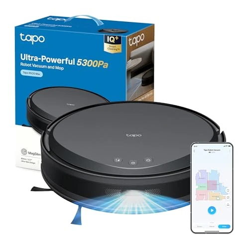 Tapo RV20 MAX – Robot Aspirador y Friegasuelos 4 en 1, Ultrasucción 5300Pa, Navegación LiDAR MagSlim, Limpieza Inteligente IQ+, Diseño Ultrafino 83mm, Limpieza Personalizable con App, Alexa y Google
