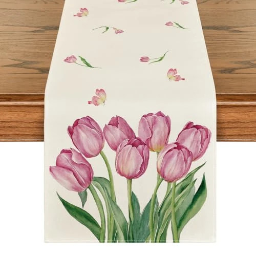 Artoid Mode Camino de mesa con flores rosas, tulipanes de primavera, decoración de mesa de cocina de temporada, decoración interior, vacaciones, fiesta, decoración, 40 x 140 cm