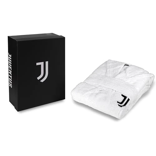 hermet Juventus Peignoir à capuche pour enfant et adolescent, uni, tissu éponge 380 g/m², 100 % coton, logo du cœur de la Juventus, Blanc., 8-10 ans