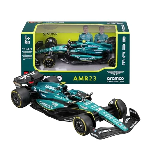 Bburago - Aston Martin AMR23#14 Alonso - Realistisches F1-Modellauto im Maßstab 1:43, Diecast-Replik mit offizieller Aston Martin-Lizenz, empfohlenes Alter 3+ Jahre