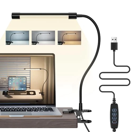 Hifree Dimmable Desk Lamp - 【3 Colour Temperatures & 10 Brightness Levels】 70cm Flexible Gooseneck with USB Charger, Easy Clip on Reading Light, Led Table Lamp, Work Lamp for Home/Office