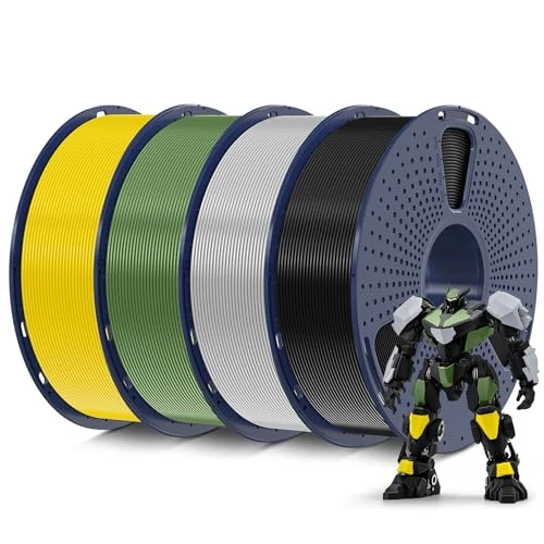 SUNLU PLA Filament Multicoloured Set, Clean Wrapped 3D Printer Filament PLA 1.75 mm +/- 0.02 mm, Suitable for Most FDM 3D Printers, 1 kg 3D Filament, 4 Pieces (Black + Olive Green + Silver + Yellow)