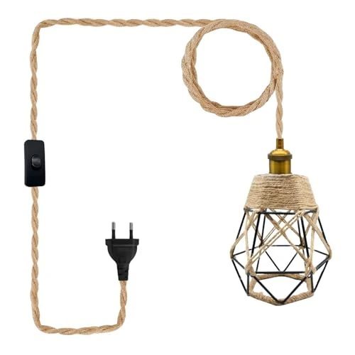 LAKONEI Lampada a Sospensione con Corda di Canapa Vintage, Paralume con Kit di Supporto E27 per Cucina, Interruttore e Spina, Cavo da 5,1 m