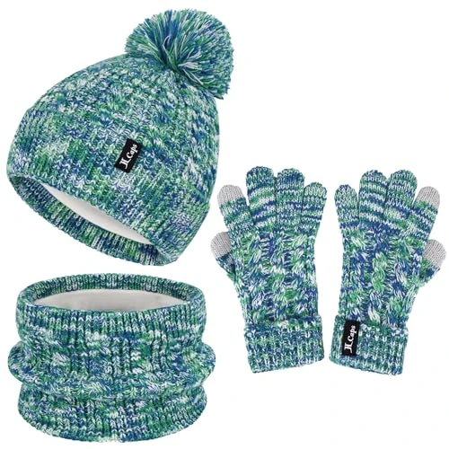 ZASFOU Juego de gorro, bufanda con bucle, guantes táctiles para niños de 3-12 años, gorro de invierno térmico, bufanda tubular, guantes de puño para niños pequeños, gorro de punto con pompón, regalo