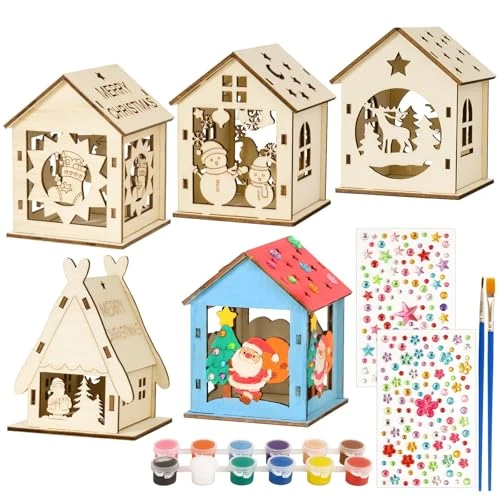 BOFUNX 5 stuks houten kersthuisjes, doe-het-zelf kerstversiering van hout, kerstdorp, kerstdecoratie voor kinderen, doe-het-zelf om te bouwen en te schilderen