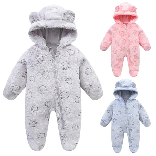 Fnaobai Newborn Winter Snowsuit Baby Girl Boy Bear Ear Fleece Hooded Romper Infant Footie Jumpsuit Outwear Coats (Grey, 60CM(3-6M))