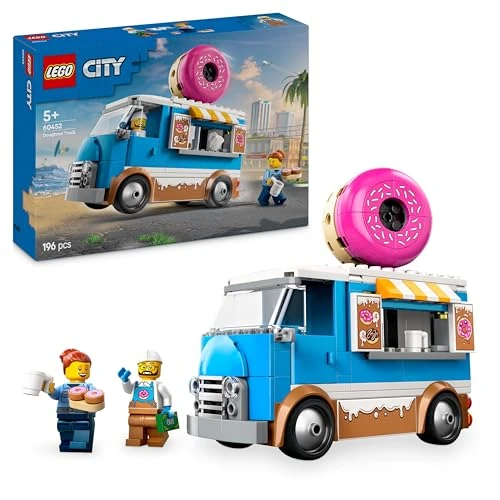 LEGO City Le Food-Truck de Donuts - Véhicule Mobile pour garçons et Filles dès 5 Ans avec Machine à café et Caisse enregistreuse - Minifigurines de Marchand et de cliente - Idée Cadeau Amusante 60452