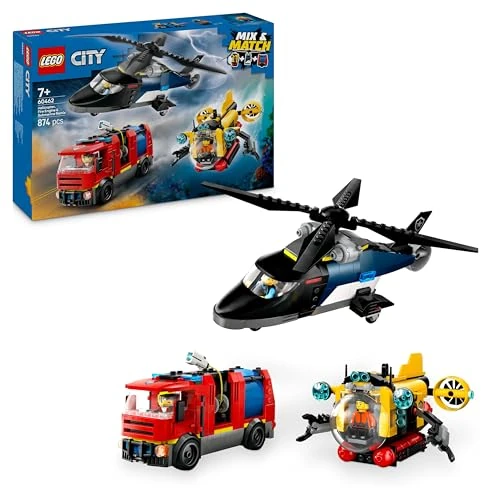 LEGO City Kombinationsset mit Hubschrauber, Löschauto und U-Boot und 3 Minifiguren - Baubare Spielzeug Fahrzeuge für Jungen und Mädchen ab 7 Jahren - Geschenk zum Geburtstag & für die Feiertage 60462