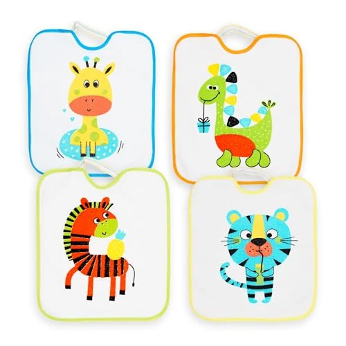 Offerta a tempo: Ti TIN Set di 4 Bavaglini Asilo con Elastico per Bambini | Impermeabili e Assorbenti | 73% Cotone 27% Poliestere | Forro Vinilico | Lavabili in Lavatrice | Stampa Animali Divertenti | 32x28 cm - 0.00% da 8.95 € a 8.95 €