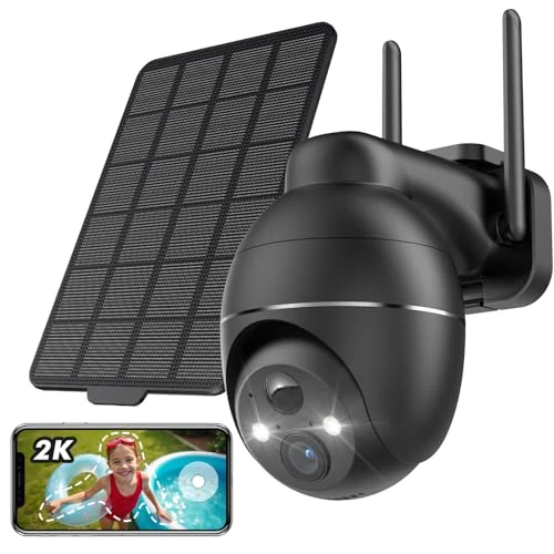 YESKAMOU 2K Überwachungskamera aussen akku Solar, 360° PTZ Kamera Überwachung, Kabellos WLAN Kamera Outdoor, PIR-Menschenerkennung, Farb-Nachtsicht, Licht- und Tonalarm, Zwei-Wege-Audio (Schwarz)