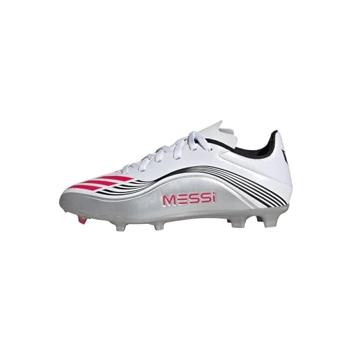 adidas Uniseks - dzieci F50 MESSI LEAGUE Firm Ground/Multi Ground Football Boots Kids, Cloud White/Lucid Red/Silver Metallic, 34 EU