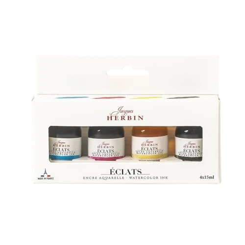 Jacques Herbin 10900T - Set mit 4 Flakon 15ml, Schreib- & Kalligraphietinte Éclats, 4 Farben sortiert, ideal für Kunstprojekte, 1 Set