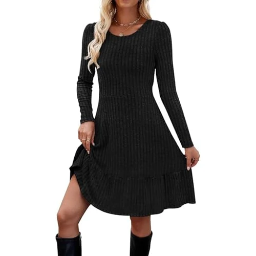 QUNERY Damska zimowa sukienka z dzianiny jesienne z długim rękawem okrągły dekolt elastyczny sweter na co dzień elegancka sukienka, czarne, S