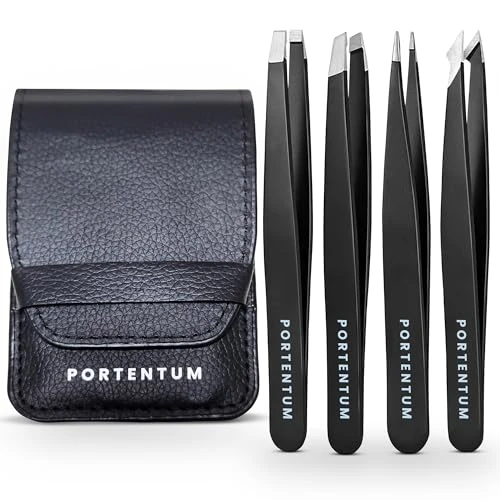 PORTENTUM Professional Tweezers for Facial Hair Women and Men - Stainless Steel Precision Tweezers for Ingrown Hair (4 Pcs)