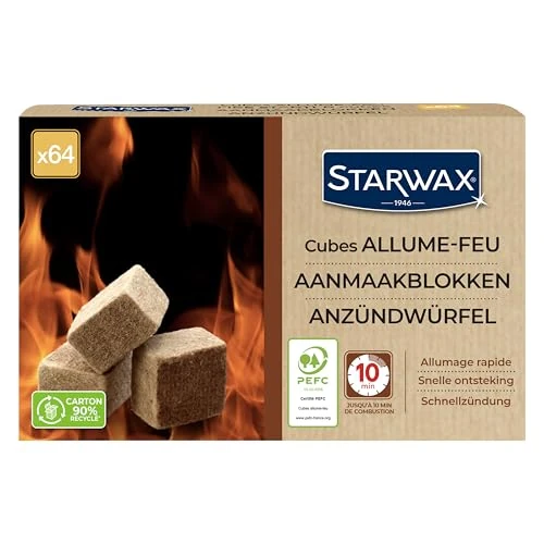 STARWAX - Cubi accendifuoco - Fino a 10 min di combustione - Accensione rapida pulita e senza odore - Non altera il sapore degli alimenti - PEFC - Set di 64 cubi
