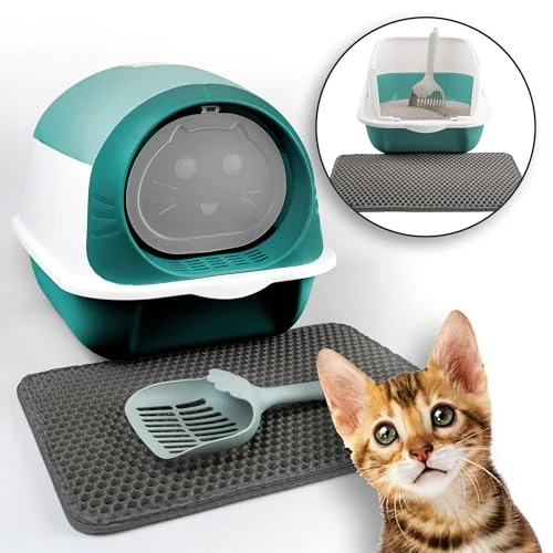 LINUMA® Katzenklo mit Deckel abnehmbar - Katzen Klo mit Katzenstreumatte, Streuschaufel & Aktivkohlefilter - Katzenklo - Katzenklo geschlossen - Katzentoilette hoher Rand (grün) Katze