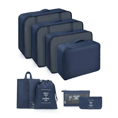 Carttiya Kostki do pakowania walizek, 8-częściowy organizer podróżny, ultralekki, oddychający i nadający się do prania, kostka do pakowania, odpowiednia na podróż, wakacje i kemping (niebieski)