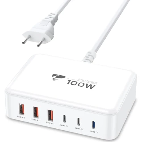 Aione Szybka ładowarka USB C 100 W 6 portowa ładowarka USB Multiple GaN PD i QC3.0 ładowanie telefonu komórkowego, zasilacz ładowarka wtyczka USB do iPhone'a 15 Pro Max 14 13 MacBook iPad, Samsung