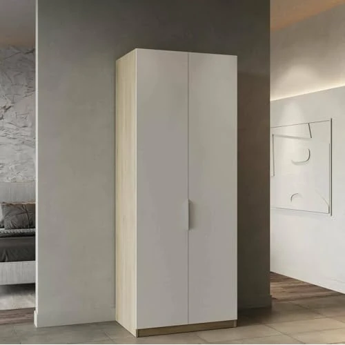 Dmora - Isere 2 Door Wardrobe, Bedroom Furniture, Cabin Wardrobe, Clothes Hanger, 79 x 51 x H 203 cm, Oak and Matt White
