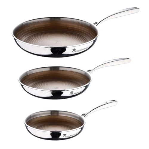 MasterPRO Set van 3 pannen 20 + 24 + 28 cm meerlaags van staal met anti-aanbaklaag voor inductie, met ergonomische handgreep, Giro3 Gold lijn