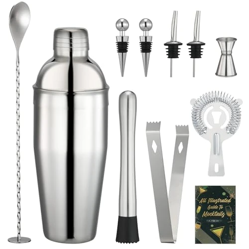 Cocktail Shaker 750 ml Set, 10 Stainless Steel Cocktail Shaker Accessories, Professional Bartending, Bartender Set for Beginners and Professionals, Gifts for Families, Bars, Parties, Gifts for Men