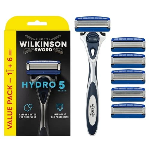 Wilkinson Sword - Hydro 5 Rasierer für Männer, Rasiergriff + 6 Rasierklingen, Feuchtigkeitsspendende Gel-Pools und umklappbarer Trimmer