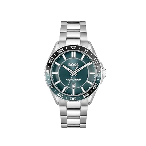 BOSS Three Hand Quartz Movement Watch with Calendar for Men Runner 3H Collection with Silver Stainless Steel Bracelet - 1514208