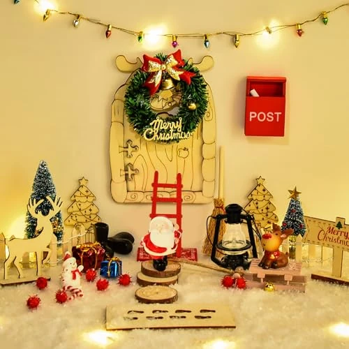 Herefun 43 stuks kerst-elfhouders, accessoires, deurtjes, elfjes, kerstdecoratie, kerstset, kabouterdeur, elf, miniaturen, accessoires, elf Kerstmis met ledlicht, kerstboom