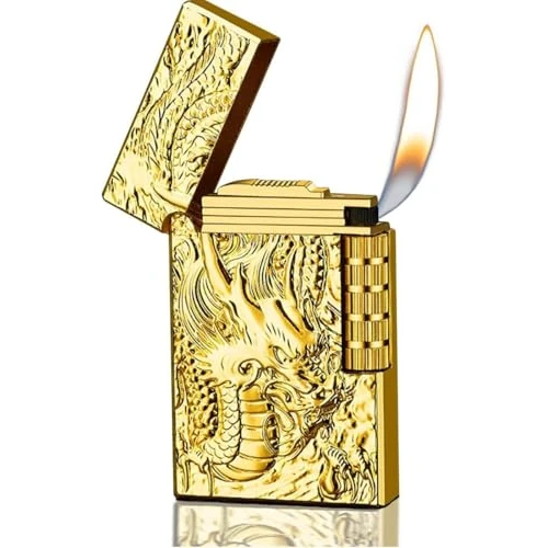 Kühlendes Feuerzeug, Drache mit leichter matter Seite, nachfüllbare Butan-Feuerzeuge, Outdoor, Camping, Geschenke für Herren (ohne Butangas) (Gold)