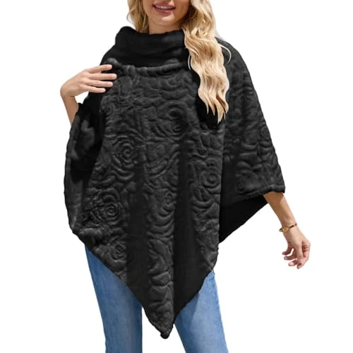 Ferand – Jersey Poncho elegante de piel sintética para mujer con diseño de rosa, mantón acogedor y cálido para el invierno, Negro , Talla única